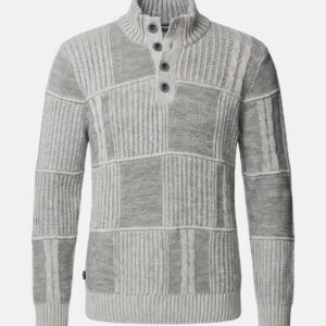 Strickpullover mit Patchmuster und Knopfstehkragen